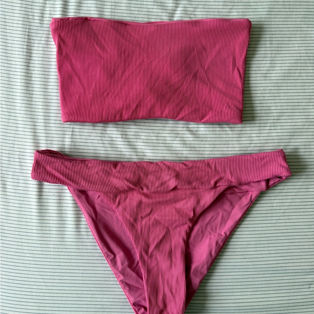 L Space Pink Bandeau Ribbed Bikini Set